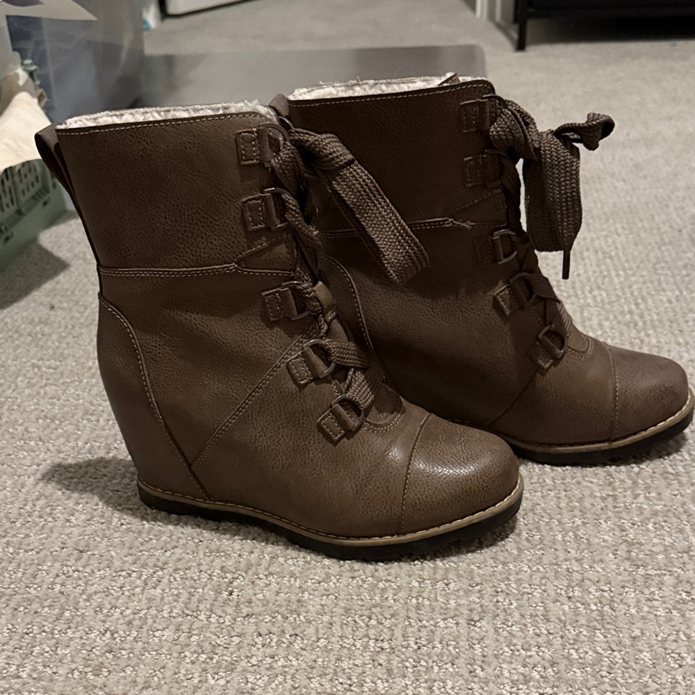 Brown Lace-Up Wedge Ankle Boots